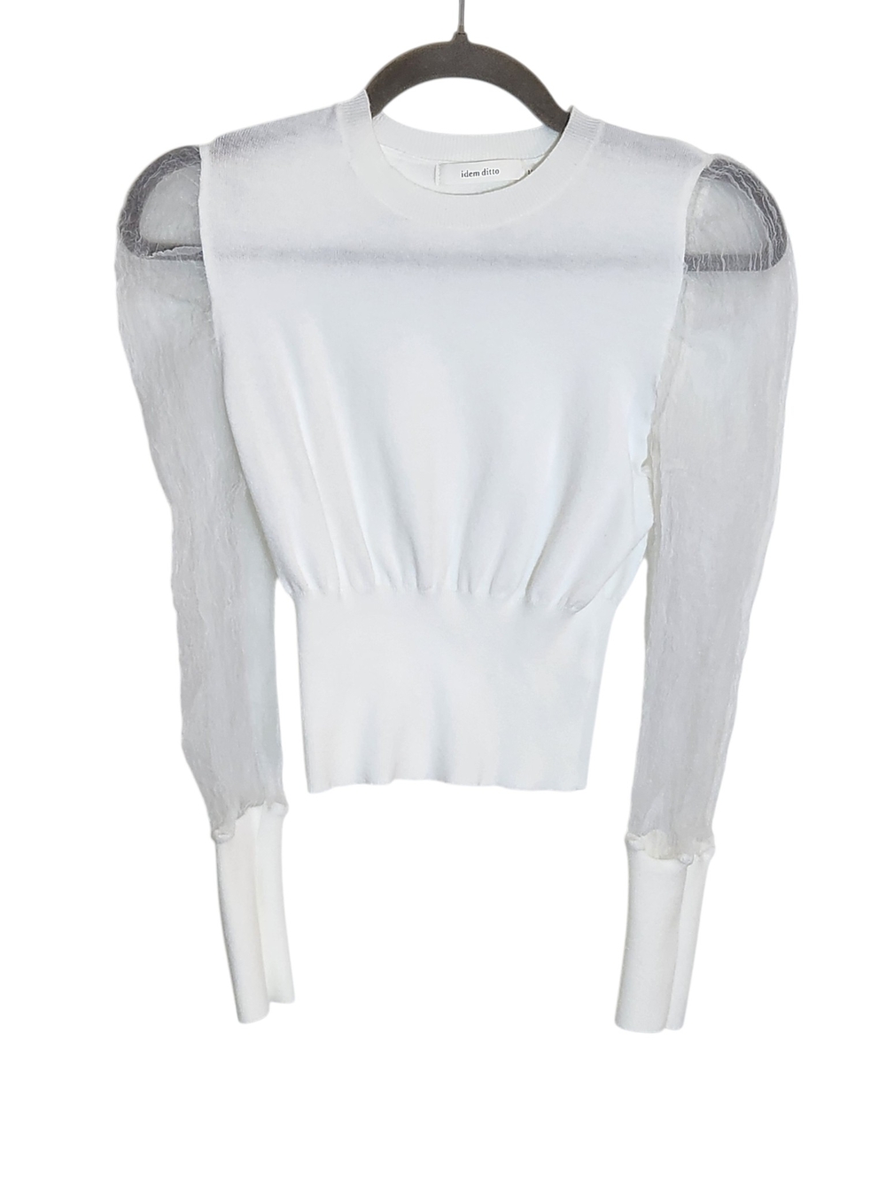 Idem Ditto White Cropped Sweater with Sheer Sleeves Size Medium Flaw